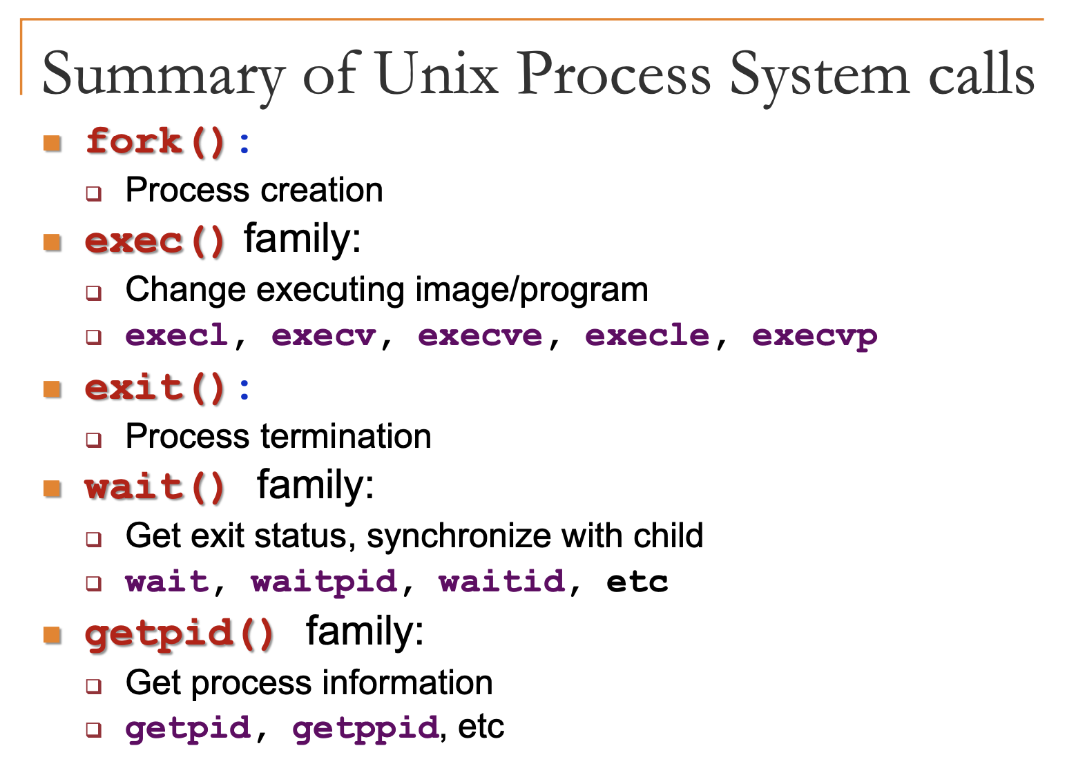 summaryOfUnixCalls